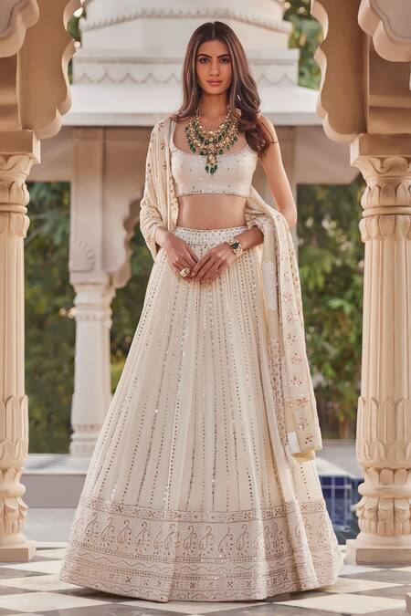 Sawan Gandhi White Embroidered Lehenga Set