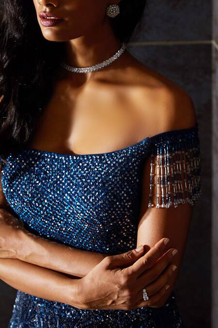 Shop Seema Gujral Blue Off Shoulder Blouse And Lehenga Set Online at Aza Fashions Shop_Seema Gujral_Blue Off Shoulder Blouse And Lehenga Set_Online_at_Aza_Fashions