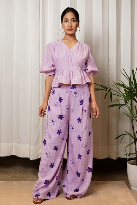 Shiori Purple Chanderi Printed Floral Pant 