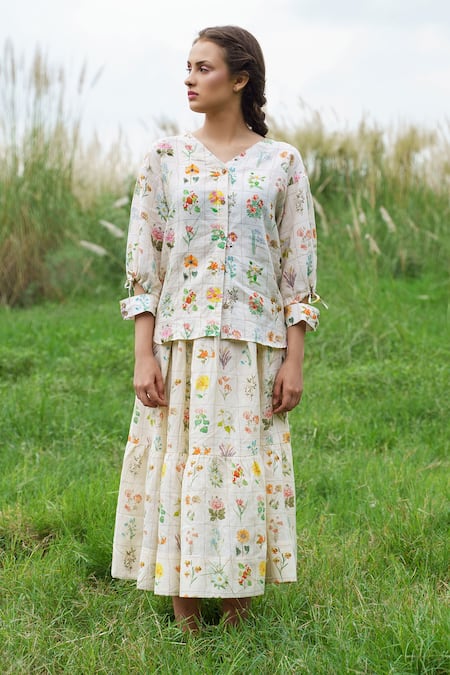 Shop Pozruh By Aiman White Pure Hemp V Neck Floral Printed Skirt Set at Aza Fashions Shop_Pozruh By Aiman_White Pure Hemp V Neck Floral Printed Skirt Set _at_Aza_Fashions