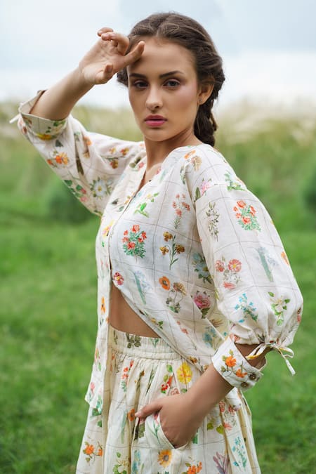 Shop Pozruh By Aiman White Pure Hemp V Neck Floral Printed Skirt Set Online at Aza Fashions Shop_Pozruh By Aiman_White Pure Hemp V Neck Floral Printed Skirt Set _Online_at_Aza_Fashions