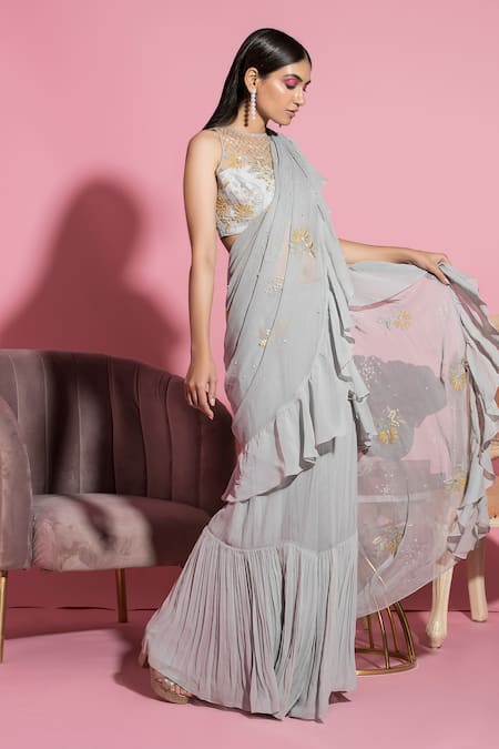 Label Sanya Gulati Grey Viscose Georgette Ruffle Pre-draped Saree 