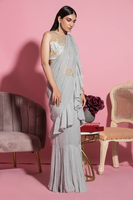 Label Sanya Gulati_Grey Net, Viscose Georgette Ruffle Pre-draped Saree_Online_at_Aza_Fashions