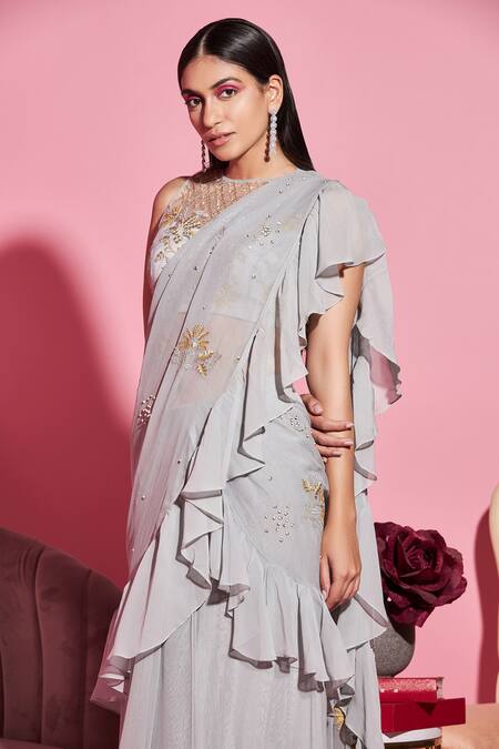 Buy_Label Sanya Gulati_Grey Net, Viscose Georgette Ruffle Pre-draped Saree_Online_at_Aza_Fashions