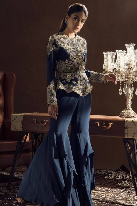Label Sanya Gulati Blue Crepe Embroidered Top And Sharara Set Online at Aza Fashions Label Sanya Gulati_Blue Crepe Embroidered Top And Sharara Set_Online_at_Aza_Fashions