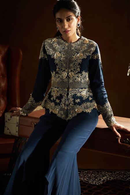 Shop Label Sanya Gulati Blue Crepe Embroidered Top And Sharara Set Online at Aza Fashions Shop_Label Sanya Gulati_Blue Crepe Embroidered Top And Sharara Set_Online_at_Aza_Fashions