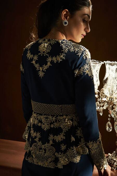 Label Sanya Gulati Blue Crepe Embroidered Top And Sharara Set at Aza Fashions Label Sanya Gulati_Blue Crepe Embroidered Top And Sharara Set_at_Aza_Fashions