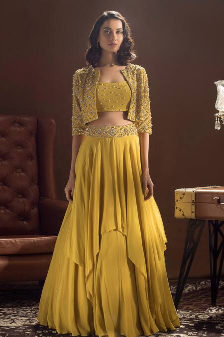 Label Sanya Gulati_Yellow Crepe Embroidered Jacket Lehenga Set_Online_at_Aza_Fashions