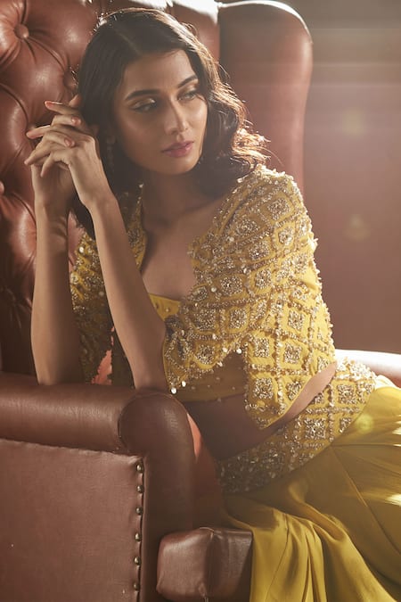Buy_Label Sanya Gulati_Yellow Crepe Embroidered Jacket Lehenga Set_Online_at_Aza_Fashions