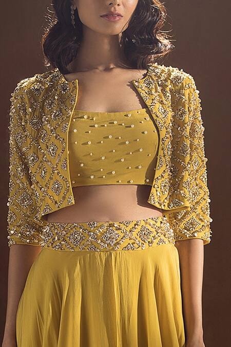 Label Sanya Gulati_Yellow Crepe Embroidered Jacket Lehenga Set_at_Aza_Fashions