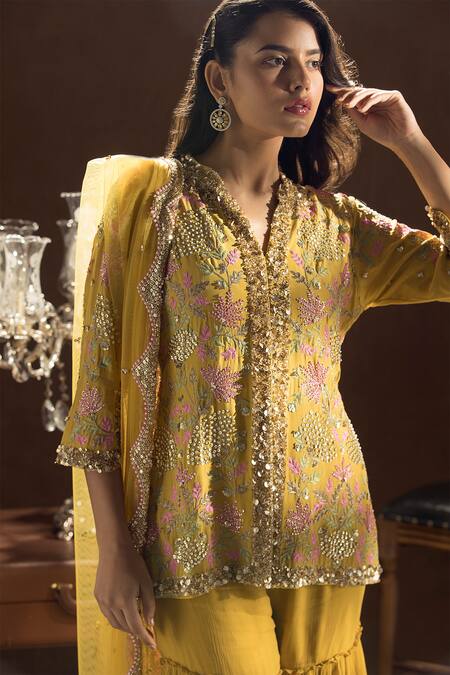 Label Sanya Gulati_Yellow Crepe, Chiffon Embroidered Kurta Set _Online_at_Aza_Fashions