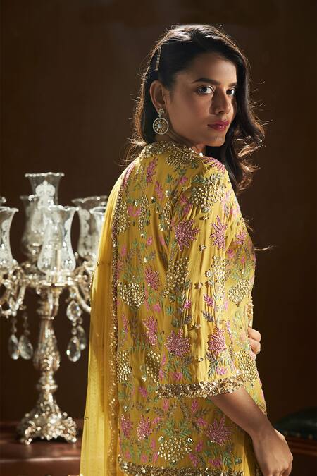 Shop_Label Sanya Gulati_Yellow Crepe, Chiffon Embroidered Kurta Set _at_Aza_Fashions