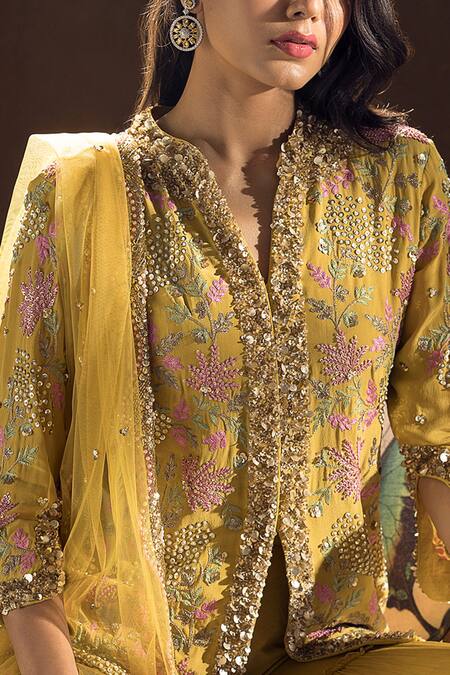 Buy_Label Sanya Gulati_Yellow Crepe, Chiffon Embroidered Kurta Set _Online_at_Aza_Fashions
