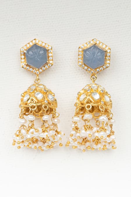 Osvag India_Gold Plated Applique, Pearls Polki Embellished Jhumkis _Online_at_Aza_Fashions