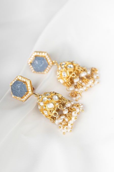 Buy_Osvag India_Gold Plated Applique, Pearls Polki Embellished Jhumkis _Online_at_Aza_Fashions