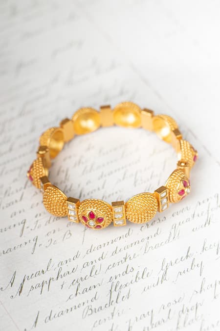 Osvag India_Gold Plated Diamonds, Stones Floral Embellished Bangle _Online_at_Aza_Fashions