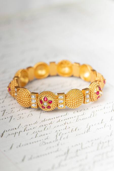 Shop_Osvag India_Gold Plated Diamonds, Stones Floral Embellished Bangle _Online_at_Aza_Fashions