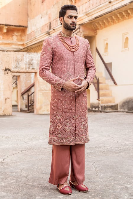 Soniya G_Red Silk Embroidered Sherwani Set _Online_at_Aza_Fashions
