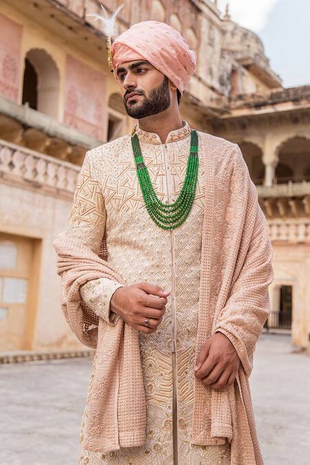 Soniya G_Beige Silk Embroidery, Sequins Sherwani Set For Kids_Online_at_Aza_Fashions