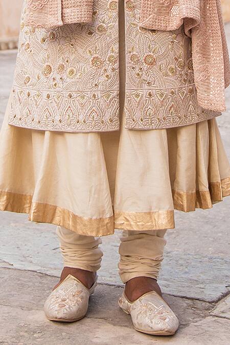 Shop_Soniya G_Beige Silk Embroidery, Sequins Sherwani Set For Kids_Online_at_Aza_Fashions
