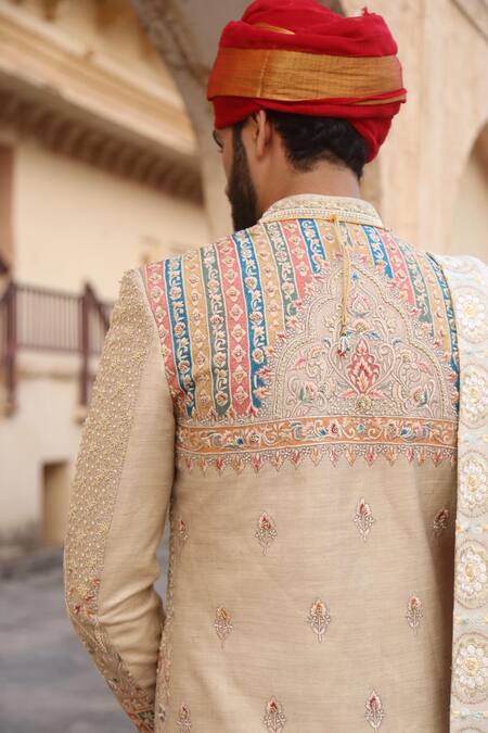 Shop_Soniya G_Beige Silk Embroidery, Brooches Sherwani Set For Kids_Online_at_Aza_Fashions