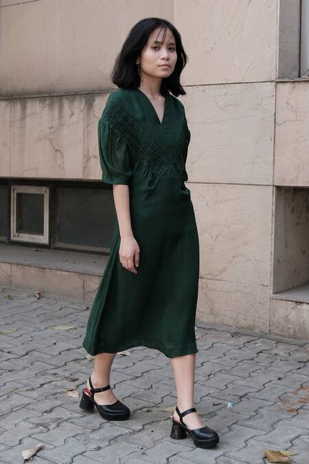 Somya Goyal_Green 100% Cupro Lining - 100% Viscose V Neck Sheer Back Dress_Online_at_Aza_Fashions