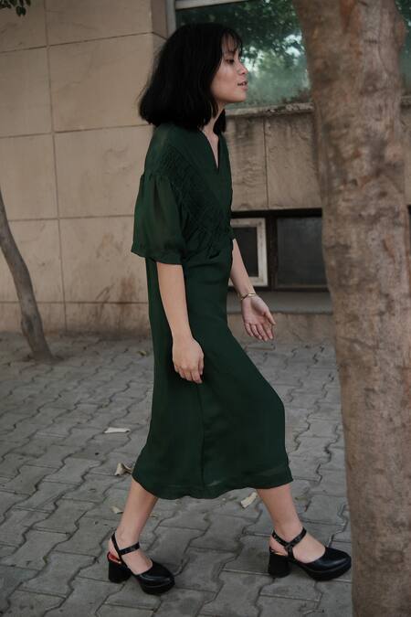 Buy_Somya Goyal_Green 100% Cupro Lining - 100% Viscose V Neck Sheer Back Dress_Online_at_Aza_Fashions