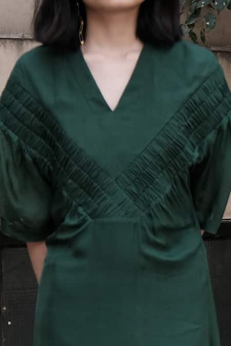 Shop_Somya Goyal_Green 100% Cupro Lining - 100% Viscose V Neck Sheer Back Dress_Online_at_Aza_Fashions