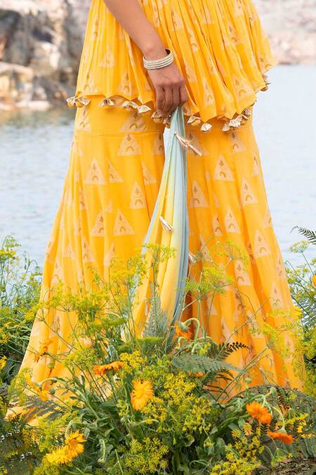 Buy_Soniya G_Yellow Organza Gota Patti High Neck Embroidered Peplum Kurta And Sharara Set _Online_at_Aza_Fashions