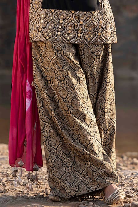 Shop_Soniya G_Black Silk Round Hand Embroidered Kurta And Palazzo Set _Online_at_Aza_Fashions