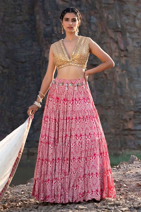 Soniya G_Pink Crepe, Chiffon Gota Patti, Embroidery, Sequins Stag Print Lehenga Set For Kids_Online_at_Aza_Fashions