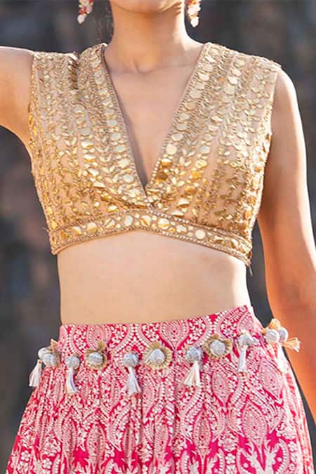 Shop_Soniya G_Pink Crepe, Chiffon Gota Patti, Embroidery, Sequins Stag Print Lehenga Set For Kids_Online_at_Aza_Fashions