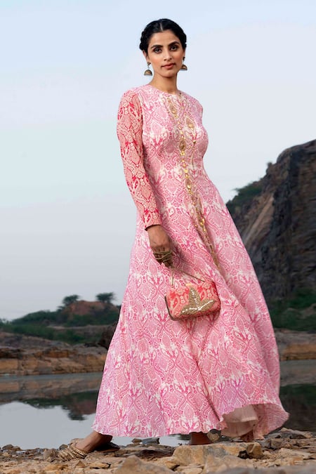 Soniya G_Pink Silk Floral, Gota Patti, Stag High Neck Print Anarkali With Clutch _Online_at_Aza_Fashions