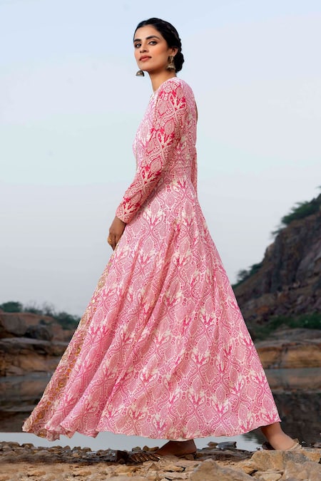 Buy_Soniya G_Pink Silk Floral, Gota Patti, Stag High Neck Print Anarkali With Clutch _Online_at_Aza_Fashions