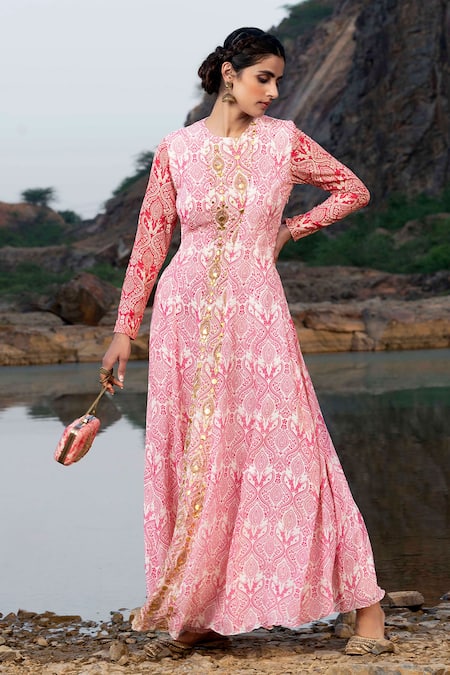 Shop_Soniya G_Pink Silk Floral, Gota Patti, Stag High Neck Print Anarkali With Clutch _Online_at_Aza_Fashions