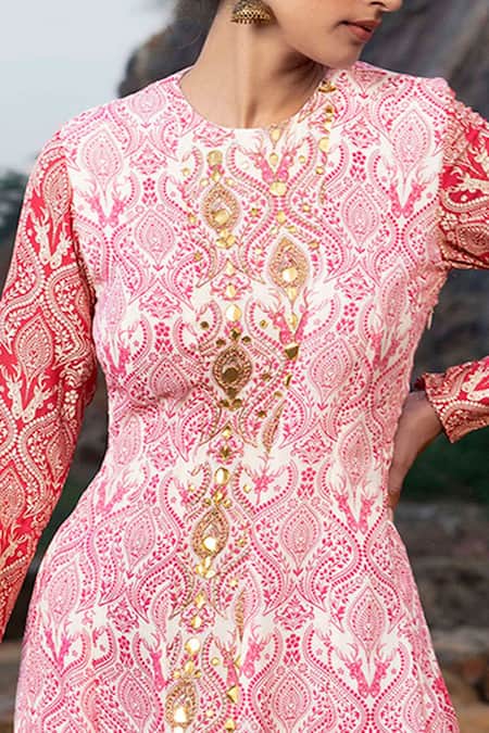 Soniya G_Pink Silk Floral, Gota Patti, Stag High Neck Print Anarkali With Clutch _at_Aza_Fashions
