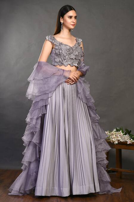Onaya_Grey Organza Cutdana, Sequins, Moti V Neck Lehenga Set With Ruffle Dupatta_Online_at_Aza_Fashions