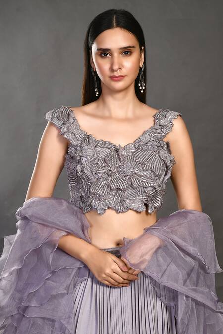 Shop_Onaya_Grey Organza Cutdana, Sequins, Moti V Neck Lehenga Set With Ruffle Dupatta_Online_at_Aza_Fashions