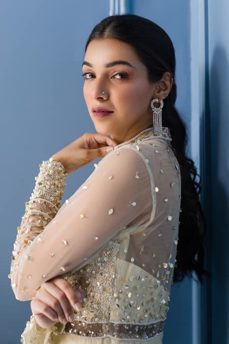 Buy_Label Sanya Gulati_White Net, Georgette Round Flared Embellished Jumpsuit _Online_at_Aza_Fashions