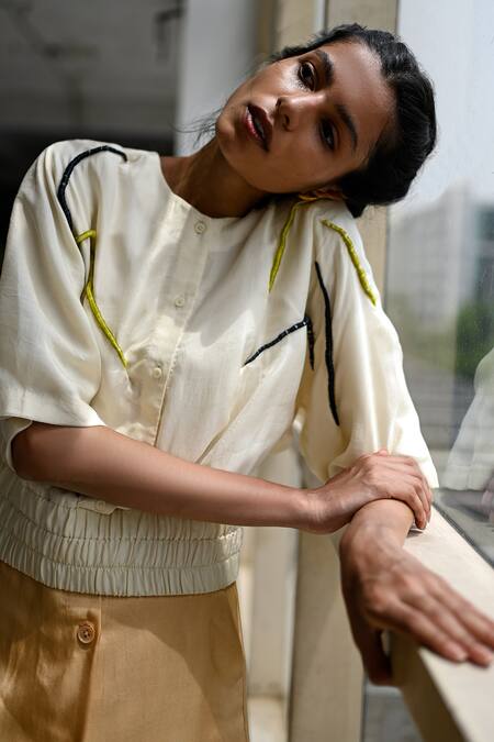 Buy_Somya Goyal_Off White 100% Bemberg Cord Round Pinch Embroidery Cropped Jacket_Online_at_Aza_Fashions