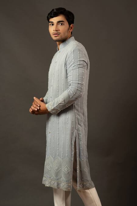 Soniya G_Blue Lucknowi Floral Motifs Kurta And Pant Set_Online_at_Aza_Fashions