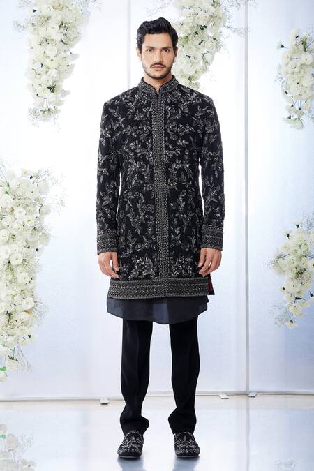 Seema Gujral_Black Silk, Japanese Floral Zardozi Work Sherwani Set_Online_at_Aza_Fashions