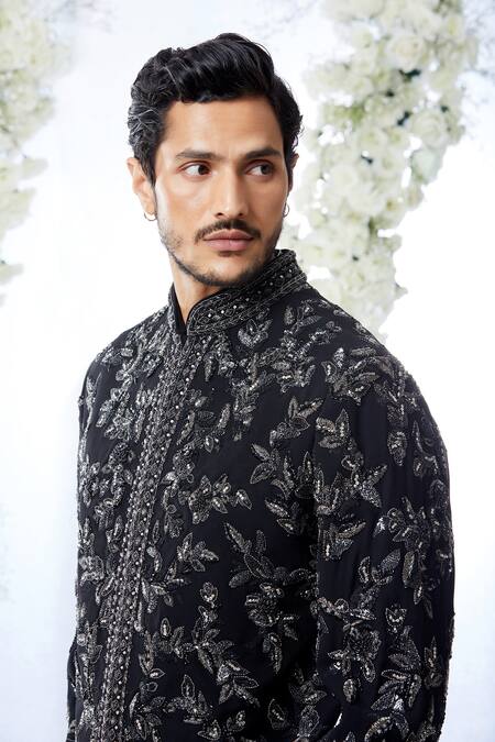 Buy_Seema Gujral_Black Silk, Japanese Floral Zardozi Work Sherwani Set_Online_at_Aza_Fashions