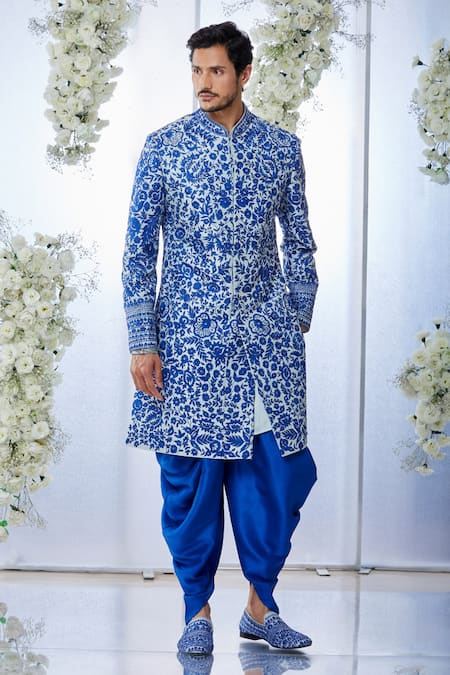 Seema Gujral Blue Tissue Raw Silk Embroidered Floral Resham Work Sherwani Set 