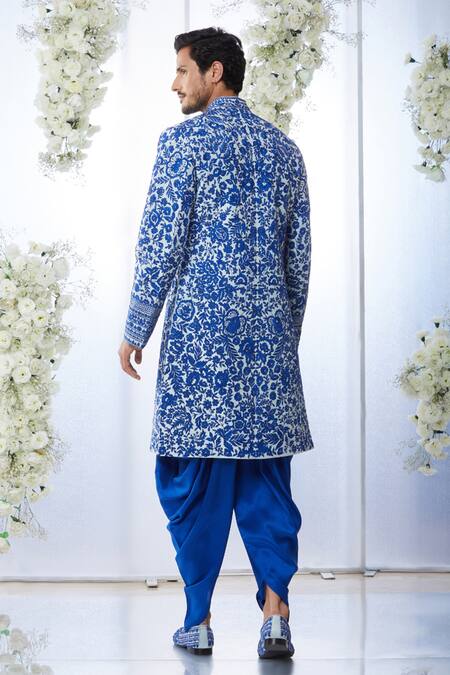 Shop_Seema Gujral_Blue Tissue Raw Silk Floral Resham Work Sherwani Set_at_Aza_Fashions