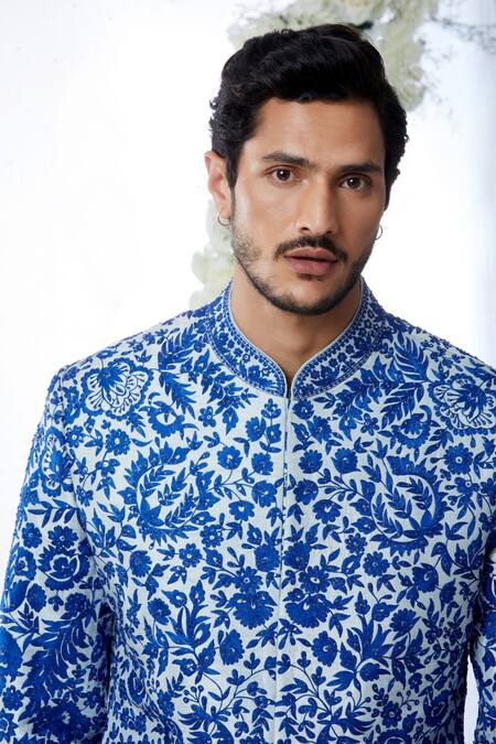 Shop_Seema Gujral_Blue Tissue Raw Silk Floral Resham Work Sherwani Set_Online_at_Aza_Fashions