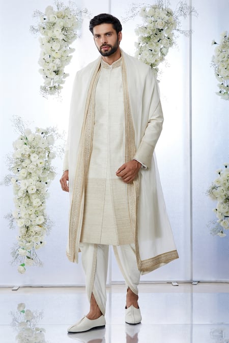 Seema Gujral Beige Raw Silk Embroidered Zari Work Sherwani Set 