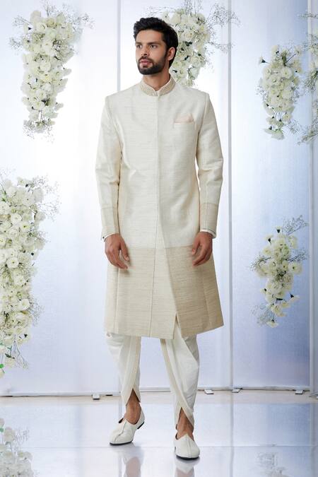 Seema Gujral_Beige Raw Silk Zari Work Sherwani Set _Online_at_Aza_Fashions