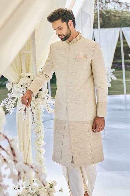 Buy_Seema Gujral_Beige Raw Silk Zari Work Sherwani Set _Online_at_Aza_Fashions