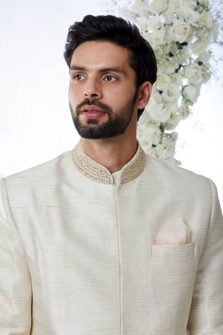 Seema Gujral_Beige Raw Silk Zari Work Sherwani Set _at_Aza_Fashions